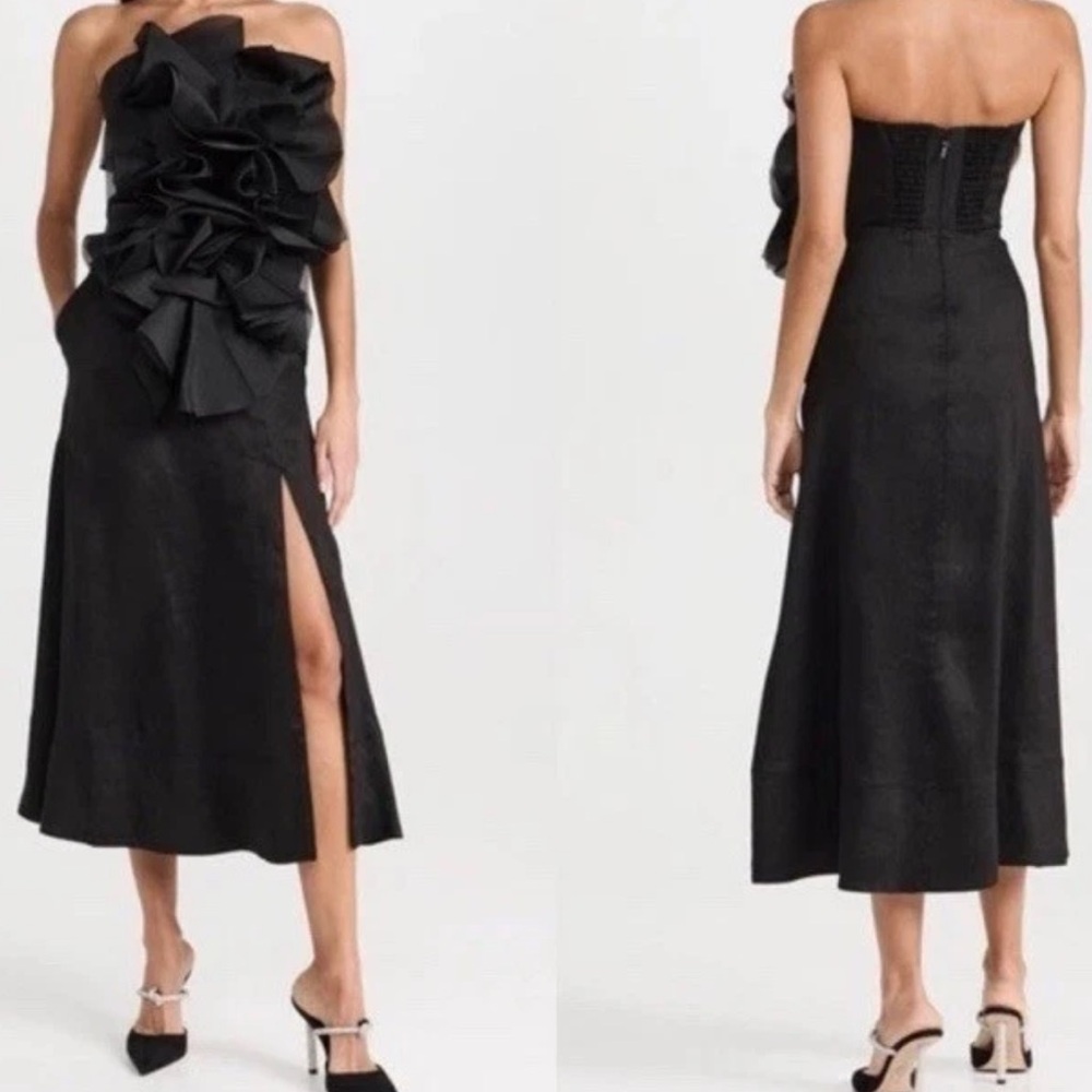 Aje Energy Organza Linen Strapless Black Midi Dress US Size 6 AU 10